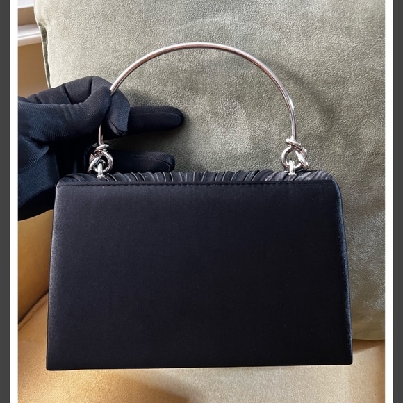 🔺SOLD🔺Black Satin Pleated-Flap Metal Handle Retro Evening Bag w/Detachable Strap - Picture 6 of 14
